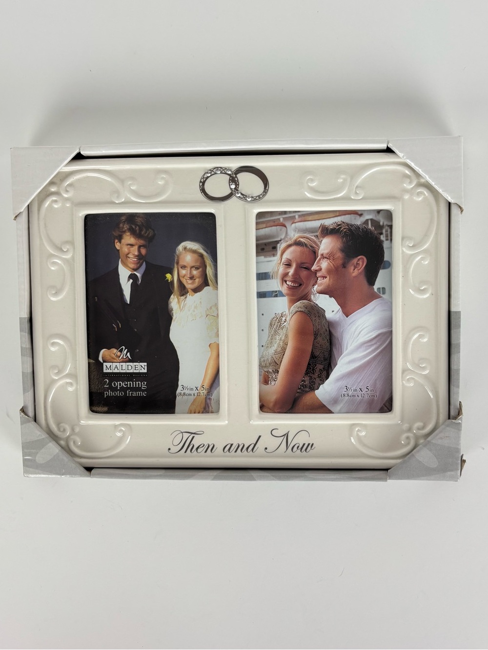Malden Then and Now Double Interlocking Rings Picture Frame Ceramic 3.5" × 5"